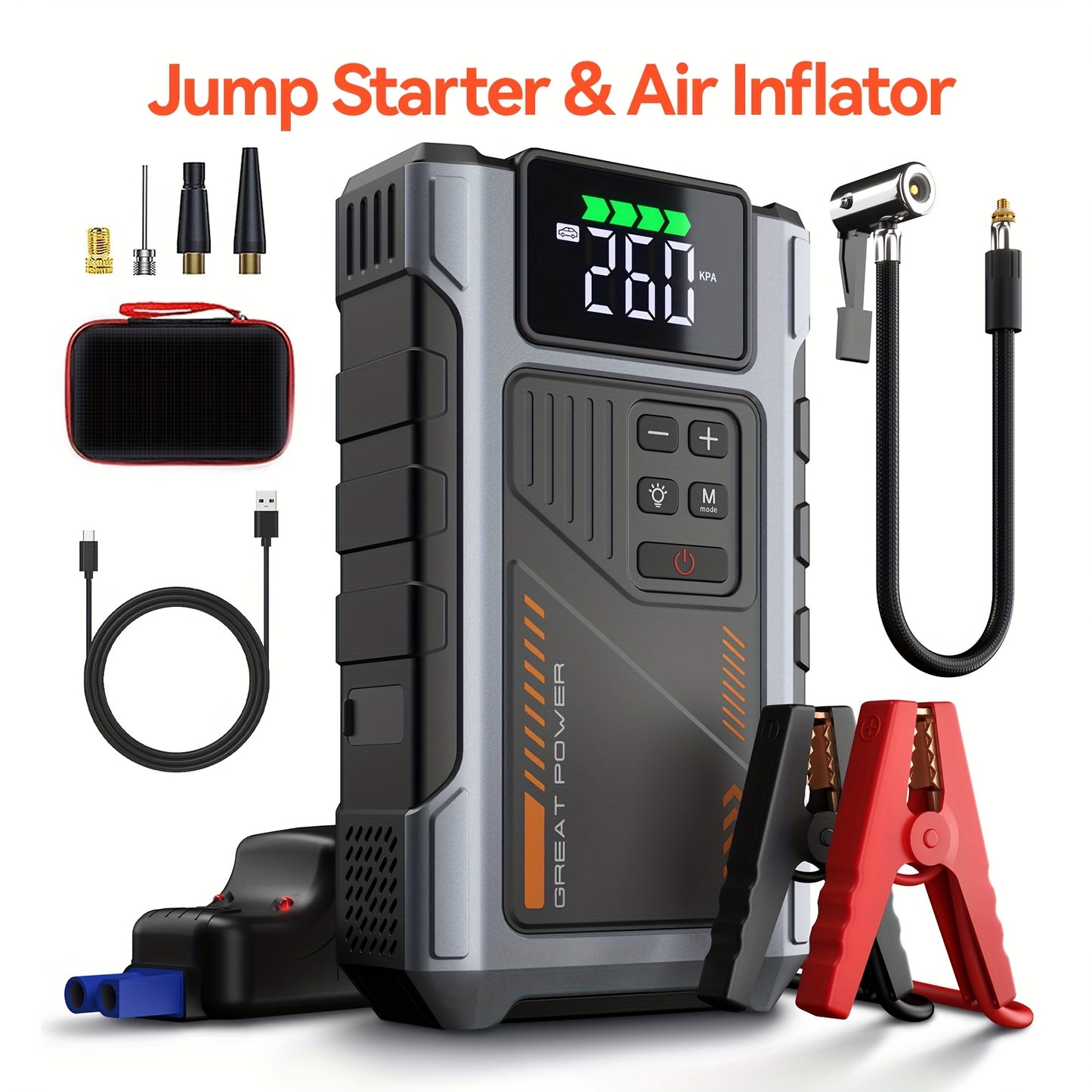 Portable Car Air Compressor & Jump Starter - 3000A Peak Power, 12V, Fast Charging, Digital Tire Inflator, LED Light, Compact Design for Gas/Diesel Engines (Copy)