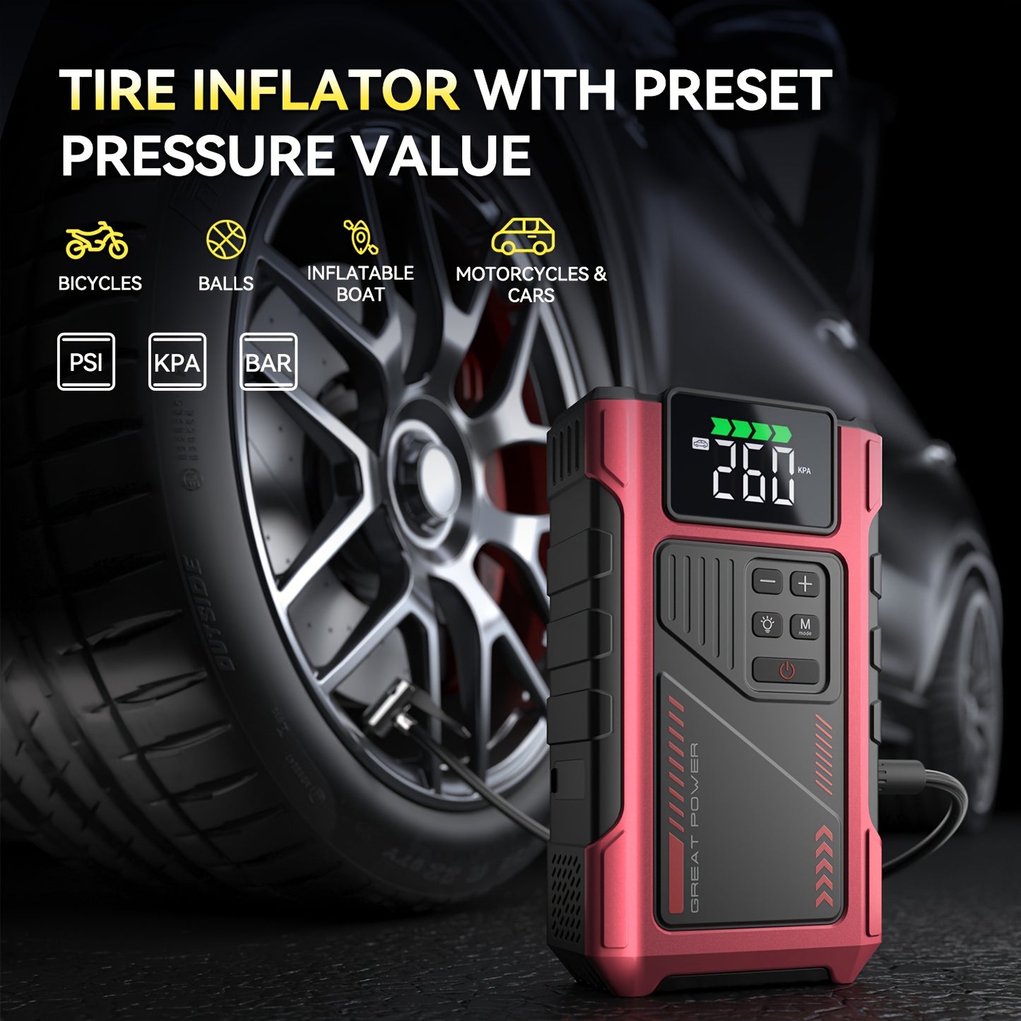 Portable Car Air Compressor & Jump Starter - 3000A Peak Power, 12V, Fast Charging, Digital Tire Inflator, LED Light, Compact Design for Gas/Diesel Engines (Copy)