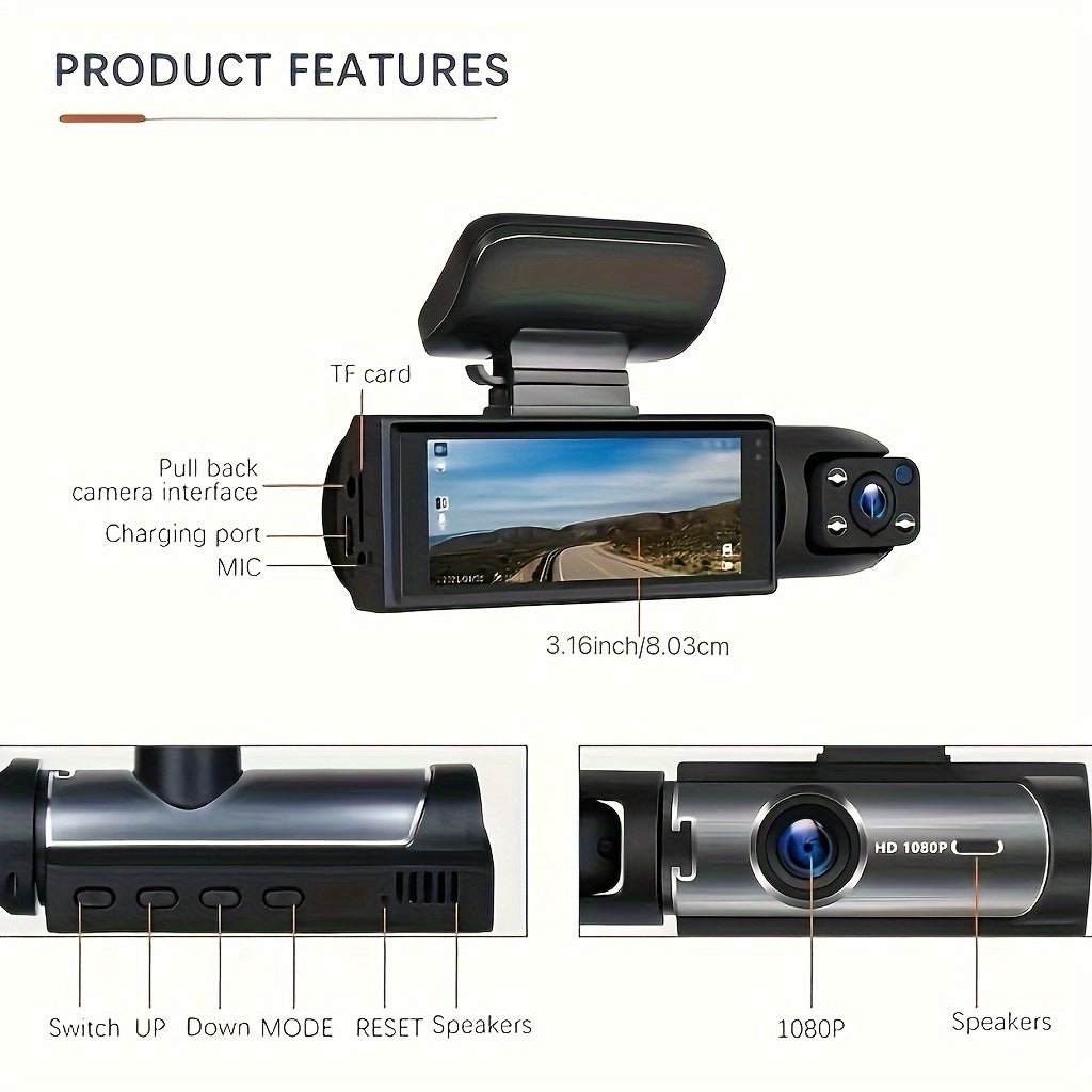 1080P Dual Camera Dash Cam For Cars With IR Night Vision, Loop Recording, And Wide Angle Lens - 3.16 Inch IPS Screen - shift-knoobs