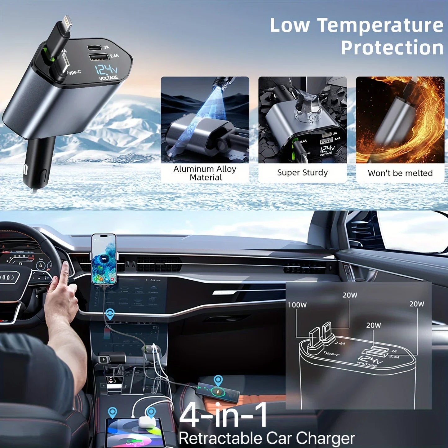 120W Retractable Car Charger 4 in 1 USB C Fast Charging Car Cigarette Lighter Charger Adapter for iPhone Xiaomi Huawei Samsung - shift - knoobs