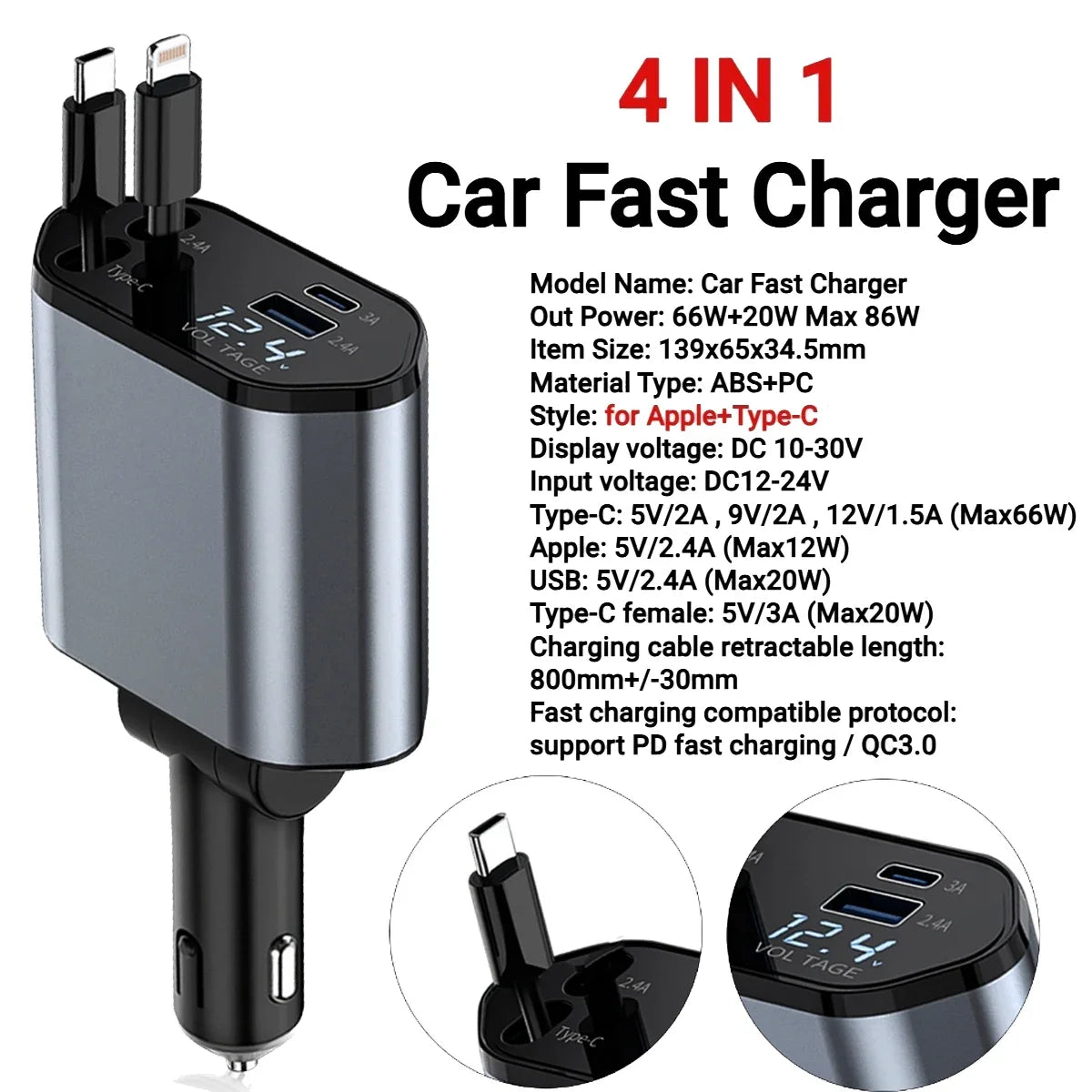 120W Retractable Car Charger 4 in 1 USB C Fast Charging Car Cigarette Lighter Charger Adapter for iPhone Xiaomi Huawei Samsung - shift - knoobs
