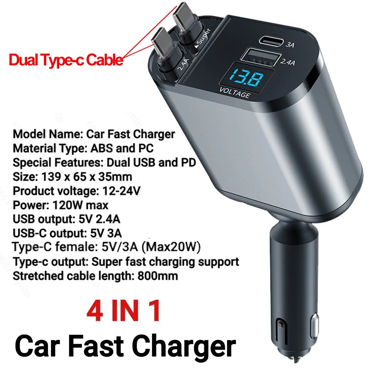 120W Retractable Car Charger 4 in 1 USB C Fast Charging Car Cigarette Lighter Charger Adapter for iPhone Xiaomi Huawei Samsung - shift - knoobs