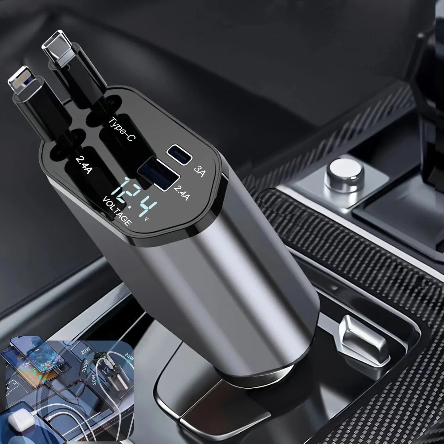 120W Retractable Car Charger 4 in 1 USB C Fast Charging Car Cigarette Lighter Charger Adapter for iPhone Xiaomi Huawei Samsung - shift - knoobs