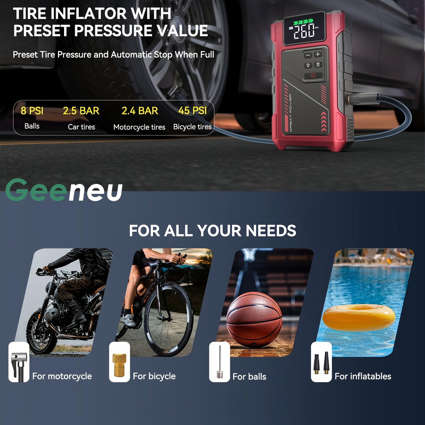 Portable Car Air Compressor & Jump Starter - 3000A Peak Power, 12V, Fast Charging, Digital Tire Inflator, LED Light, Compact Design for Gas/Diesel Engines (Copy)