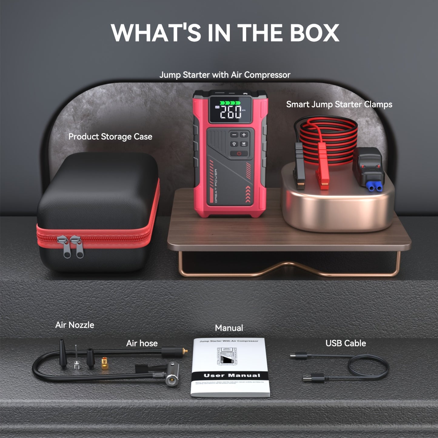 Portable Car Air Compressor & Jump Starter - 3000A Peak Power, 12V, Fast Charging, Digital Tire Inflator, LED Light, Compact Design for Gas/Diesel Engines (Copy)