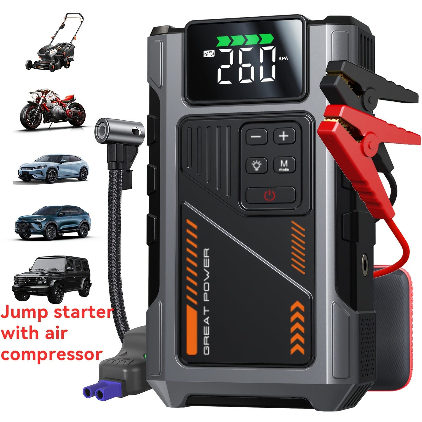 Portable Car Air Compressor & Jump Starter - 3000A Peak Power, 12V, Fast Charging, Digital Tire Inflator, LED Light, Compact Design for Gas/Diesel Engines (Copy)