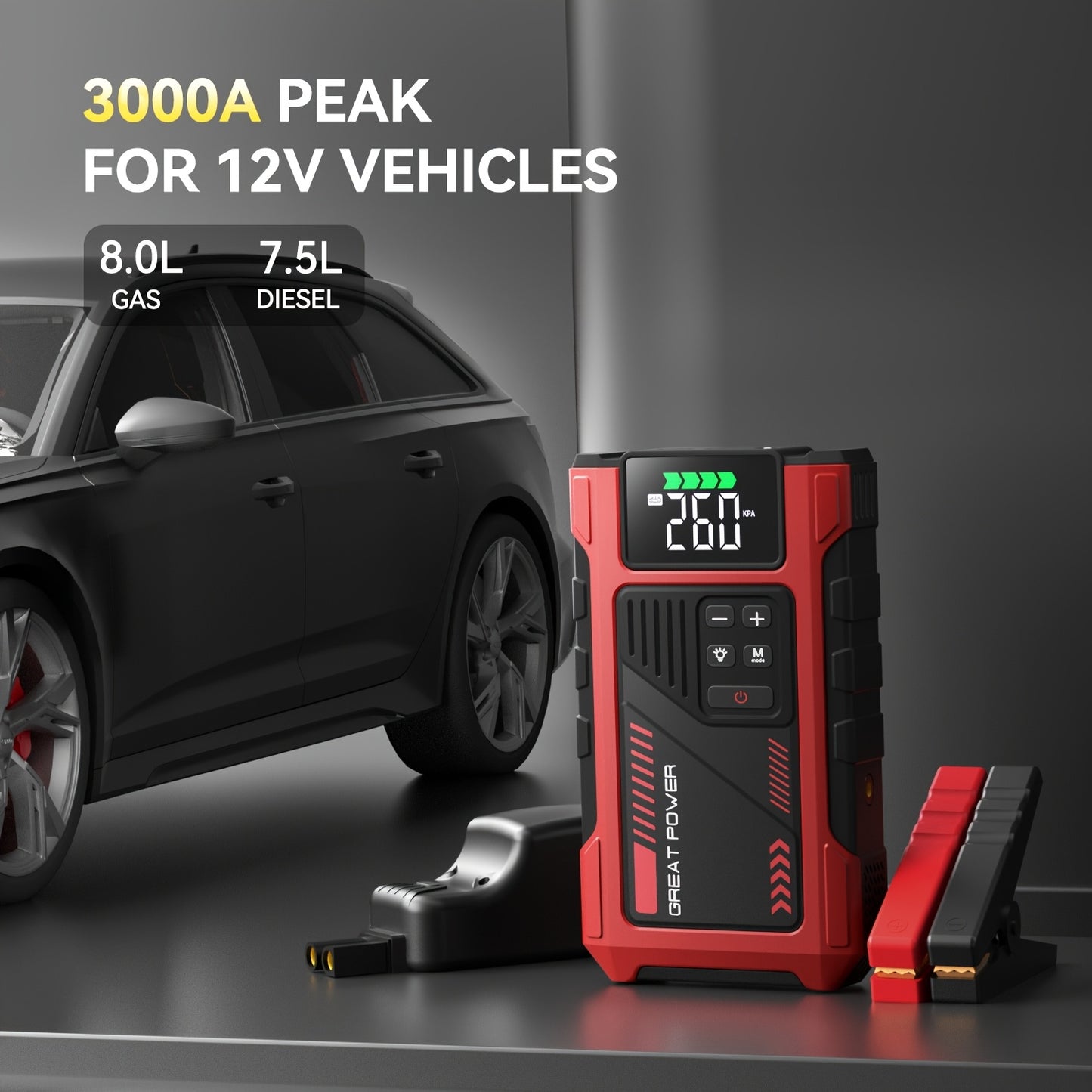 Portable Car Air Compressor & Jump Starter - 3000A Peak Power, 12V, Fast Charging, Digital Tire Inflator, LED Light, Compact Design for Gas/Diesel Engines (Copy)
