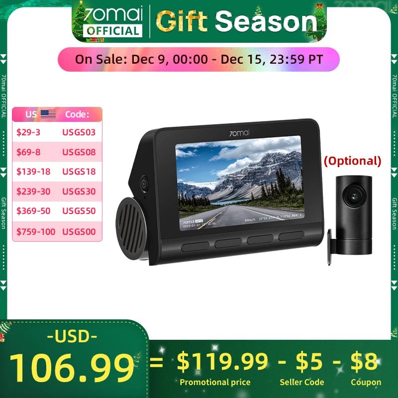 70mai 4K Dash Cam A810 Ultra HD Built - in GPS ADAS Auto Record 150FOV Motion Detection 70mai A810 4G Car DVR Support Rear Cam - shift - knoobs