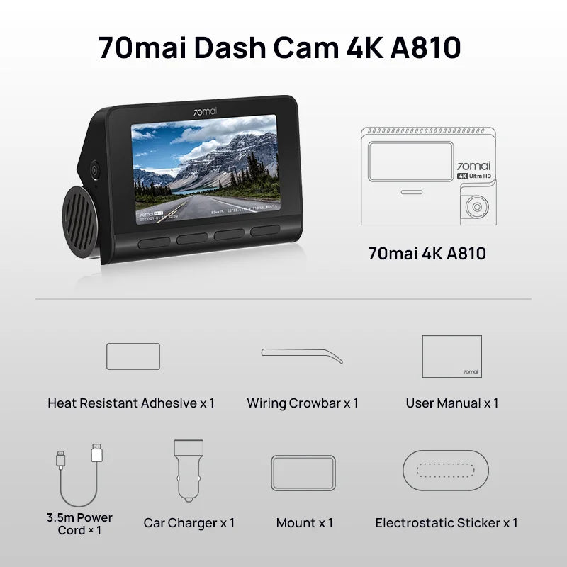 70mai 4K Dash Cam A810 Ultra HD Built - in GPS ADAS Auto Record 150FOV Motion Detection 70mai A810 4G Car DVR Support Rear Cam - shift - knoobs