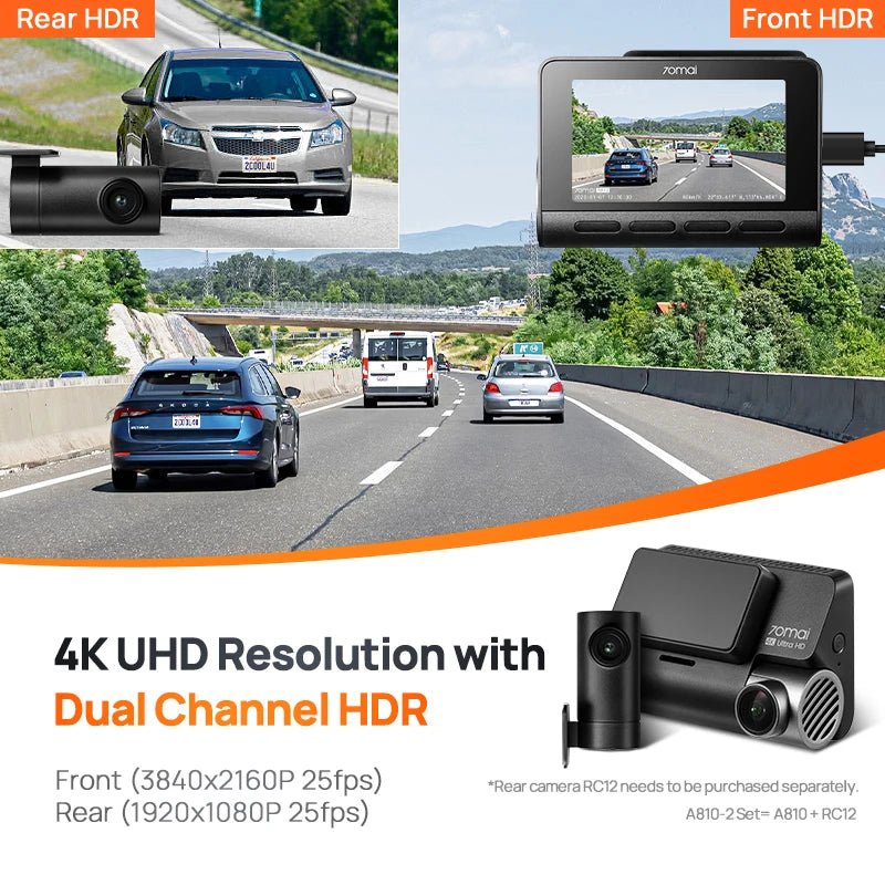 70mai 4K Dash Cam A810 Ultra HD Built - in GPS ADAS Auto Record 150FOV Motion Detection 70mai A810 4G Car DVR Support Rear Cam - shift - knoobs