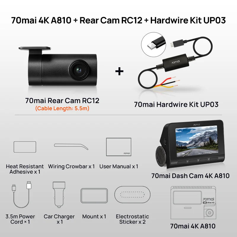 70mai 4K Dash Cam A810 Ultra HD Built - in GPS ADAS Auto Record 150FOV Motion Detection 70mai A810 4G Car DVR Support Rear Cam - shift - knoobs