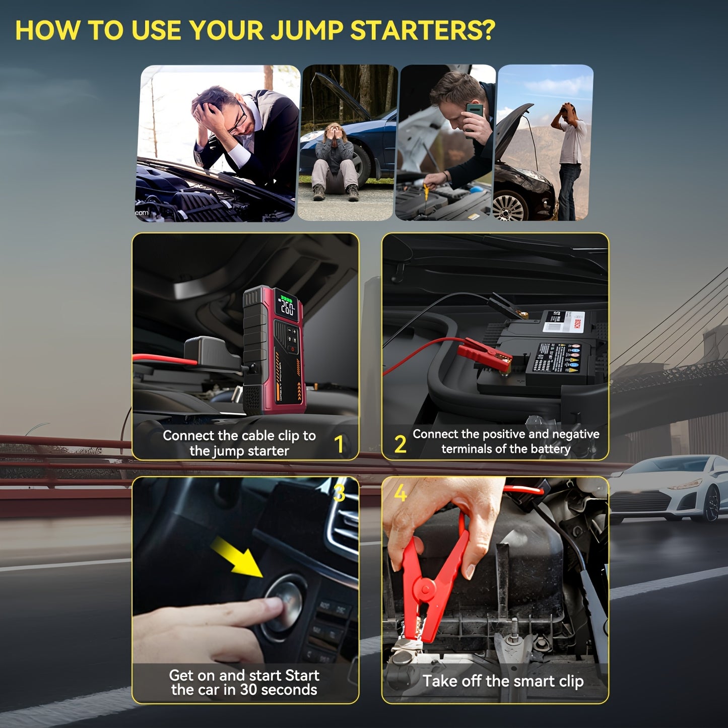 Portable Car Air Compressor & Jump Starter - 3000A Peak Power, 12V, Fast Charging, Digital Tire Inflator, LED Light, Compact Design for Gas/Diesel Engines (Copy)