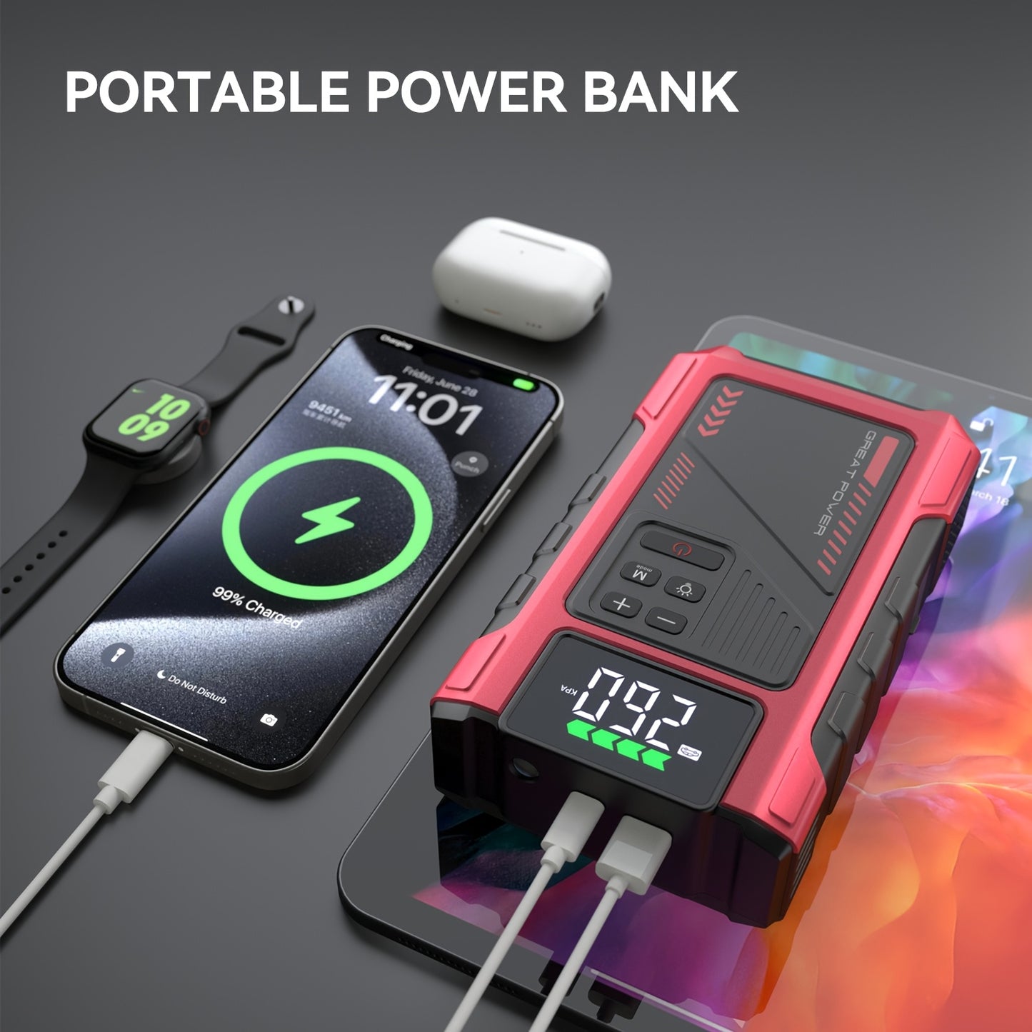 Portable Car Air Compressor & Jump Starter - 3000A Peak Power, 12V, Fast Charging, Digital Tire Inflator, LED Light, Compact Design for Gas/Diesel Engines (Copy)