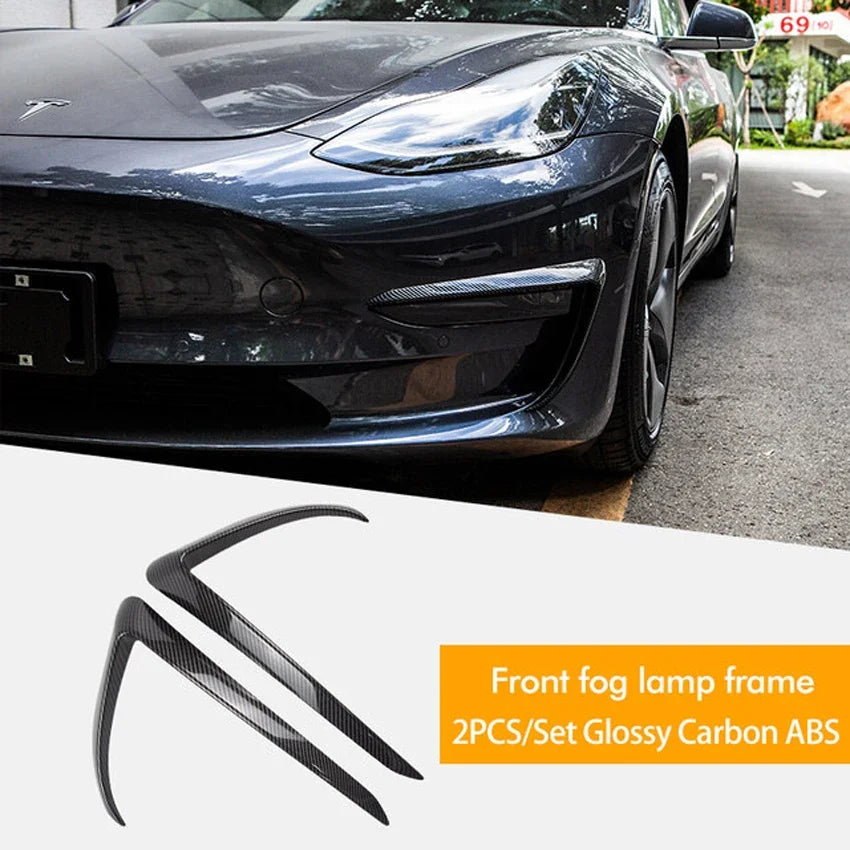 For Tesla Model 3 Y 2017 2018 2019-2023 Glossy Black Carbon Look Car Front Bumper Fog Light Frame Spoiler Decoration Body Kit