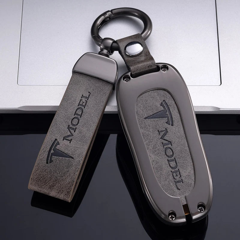 Zinc Alloy Car Key Case Protector Cover For Tesla Model 3 Model S Model Y Model X Model M Leather Shell Fob Holder Accessories