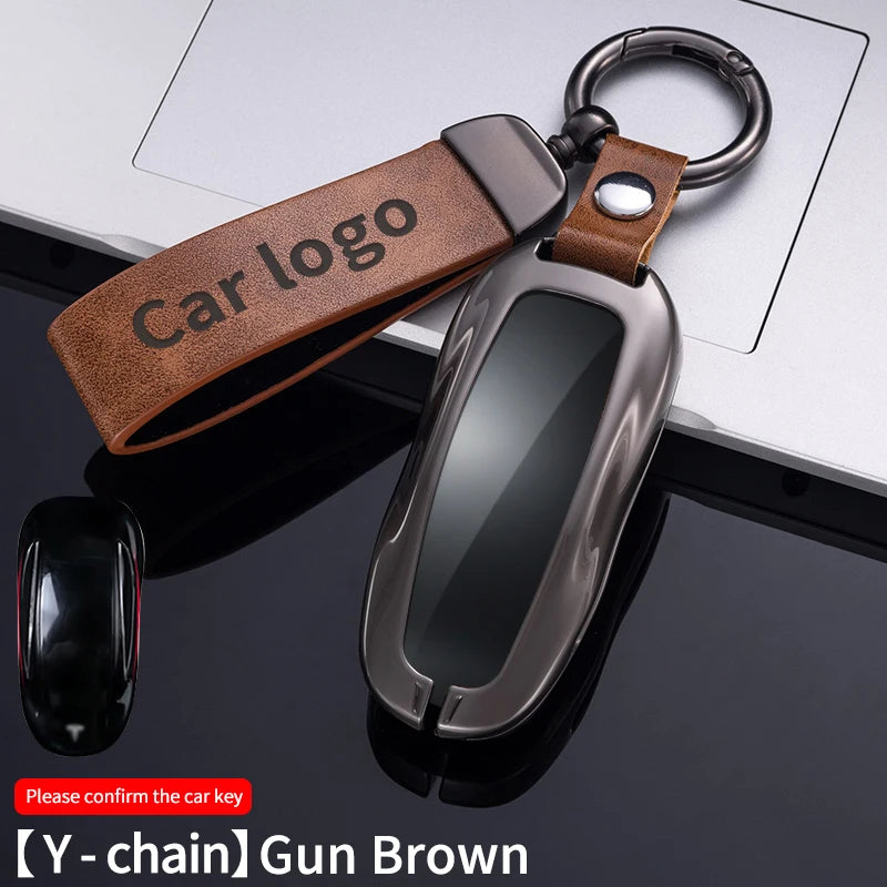 Zinc Alloy Car Key Case Protector Cover For Tesla Model 3 Model S Model Y Model X Model M Leather Shell Fob Holder Accessories