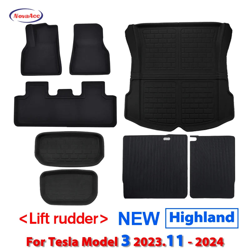 NovaAcc Floor Mats For Tesla Model 3 2021-2024 Highland Model Y 2017-2024 Left Rudder All Weather Waterproof Trunk Cargo Liner