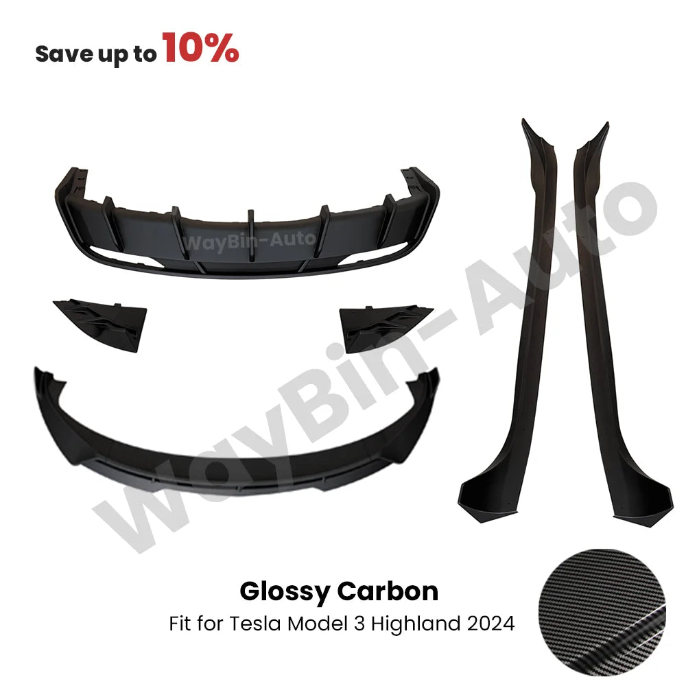 Fresh Aero For Tesla Model 3 Highland 2023-202 Body Kits Glossy Carbon Black Bumper Lip Rear Diffuser Spoiler Tuning Accessories