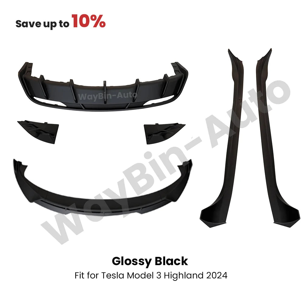 Fresh Aero For Tesla Model 3 Highland 2023-202 Body Kits Glossy Carbon Black Bumper Lip Rear Diffuser Spoiler Tuning Accessories