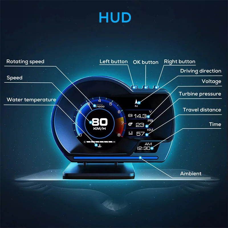 Newest OBD2&GPS Car Head Up Display Smart Car HUD P6 Turbo Gauge Digital Odometer Security Alarm Water&Oil Temp RPM Auto Meter