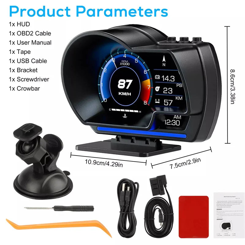 Newest OBD2&GPS Car Head Up Display Smart Car HUD P6 Turbo Gauge Digital Odometer Security Alarm Water&Oil Temp RPM Auto Meter