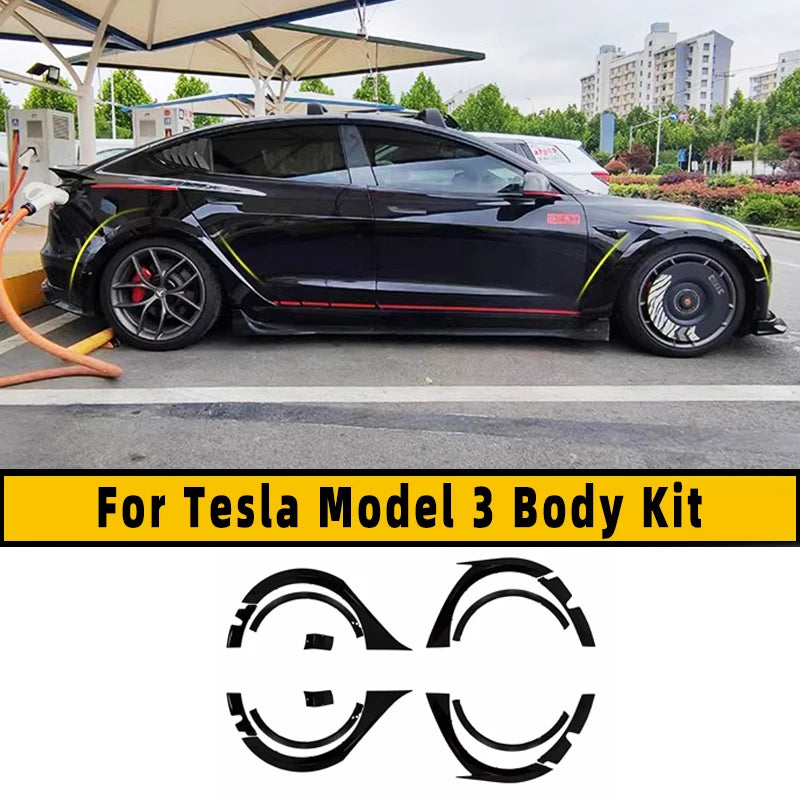 For 19-23 Tesla Model 3 Wide Body Kit ABS Carbon Fiber Splash Guard Mudguard Exterior Trim Cover Spoiler Wheel Cover Accessories