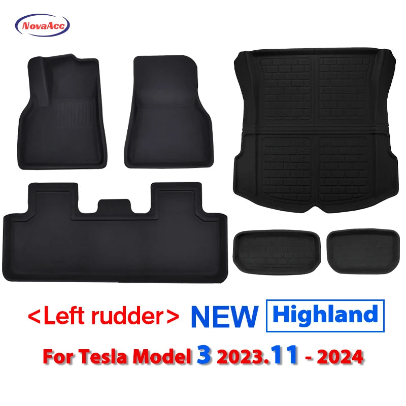 NovaAcc Floor Mats For Tesla Model 3 2021-2024 Highland Model Y 2017-2024 Left Rudder All Weather Waterproof Trunk Cargo Liner