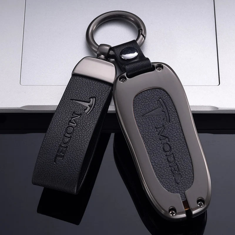 Zinc Alloy Car Key Case Protector Cover For Tesla Model 3 Model S Model Y Model X Model M Leather Shell Fob Holder Accessories