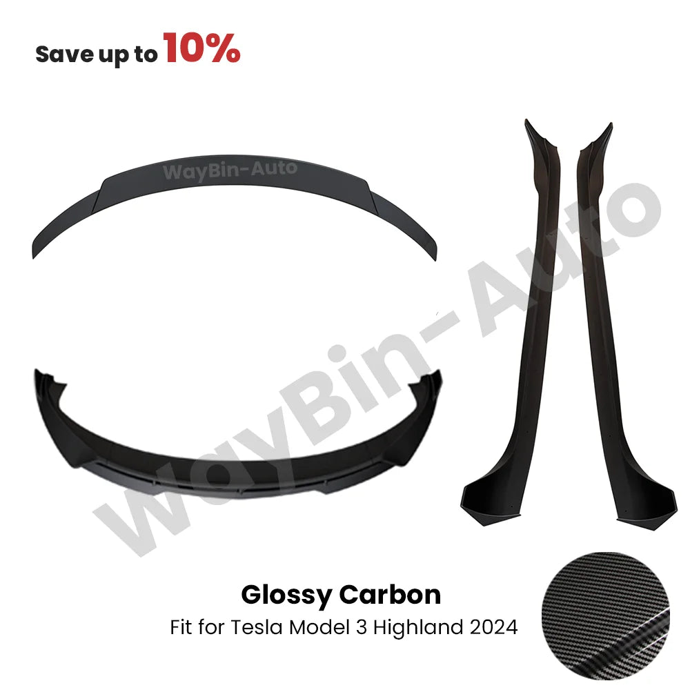 Fresh Aero For Tesla Model 3 Highland 2023-202 Body Kits Glossy Carbon Black Bumper Lip Rear Diffuser Spoiler Tuning Accessories