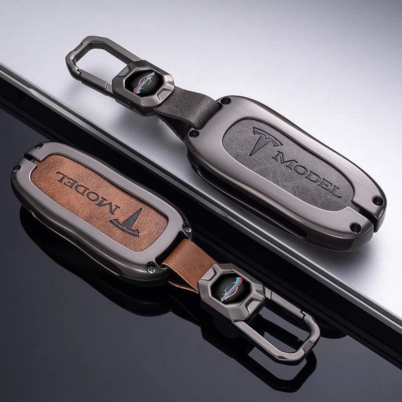 Zinc Alloy Car Key Case Protector Cover For Tesla Model 3 Model S Model Y Model X Model M Leather Shell Fob Holder Accessories