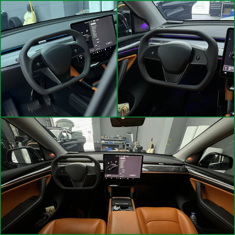 Car Steering Wheel Inspired By Cyberpack Style for Tesal Model Y/3 Highland 2017-2024 with Heating Function Black Leather Yoke