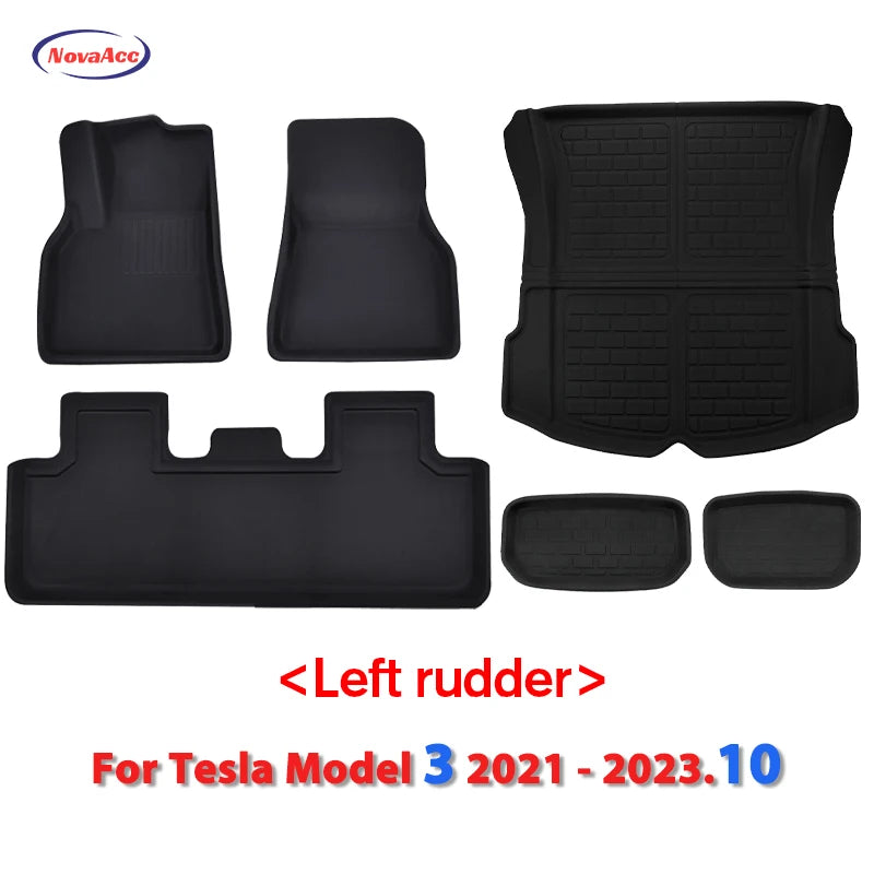 NovaAcc Floor Mats For Tesla Model 3 2021-2024 Highland Model Y 2017-2024 Left Rudder All Weather Waterproof Trunk Cargo Liner