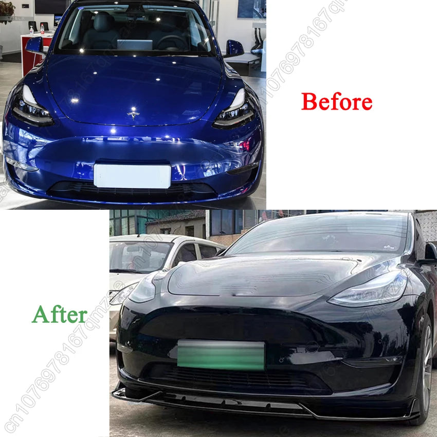 3Pcs Car Front Bumper Lip Spoiler Diffuser For Tesla Model Y 2020-2024 ABS Gloss Black Front Bumper Lip Protector Body Kits