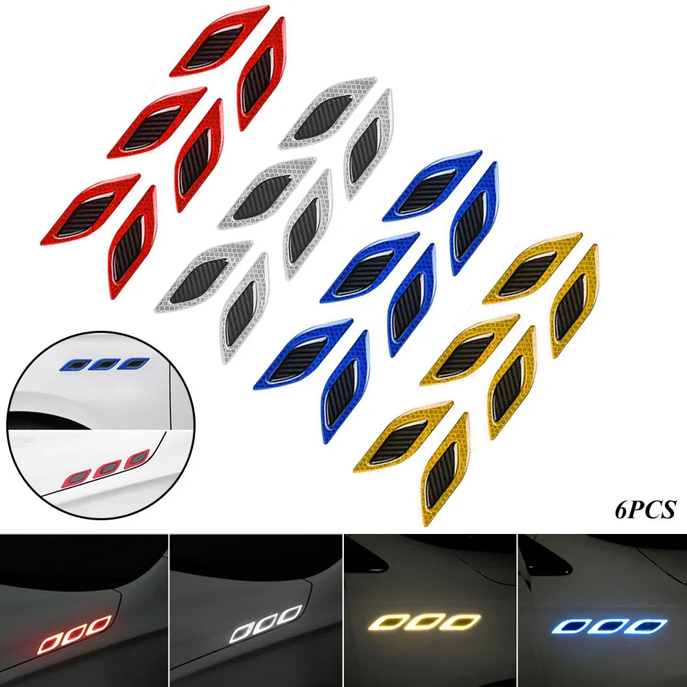 6pcs Car 3D Reflective Carbon Fiber Sticker Fashion Car Styling Reflective Strips Night Safety Warning Auto Exterior Accessories