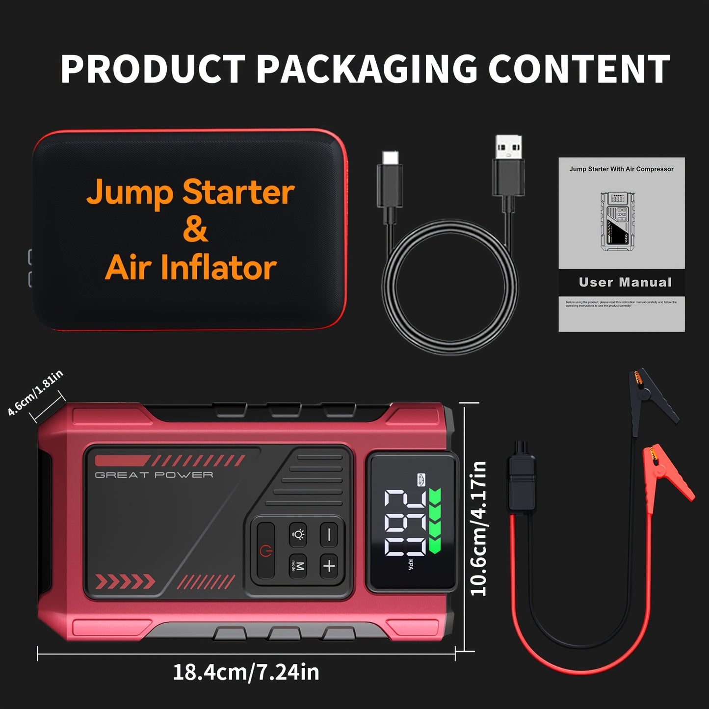 Portable Car Air Compressor & Jump Starter - 3000A Peak Power, 12V, Fast Charging, Digital Tire Inflator, LED Light, Compact Design for Gas/Diesel Engines (Copy)
