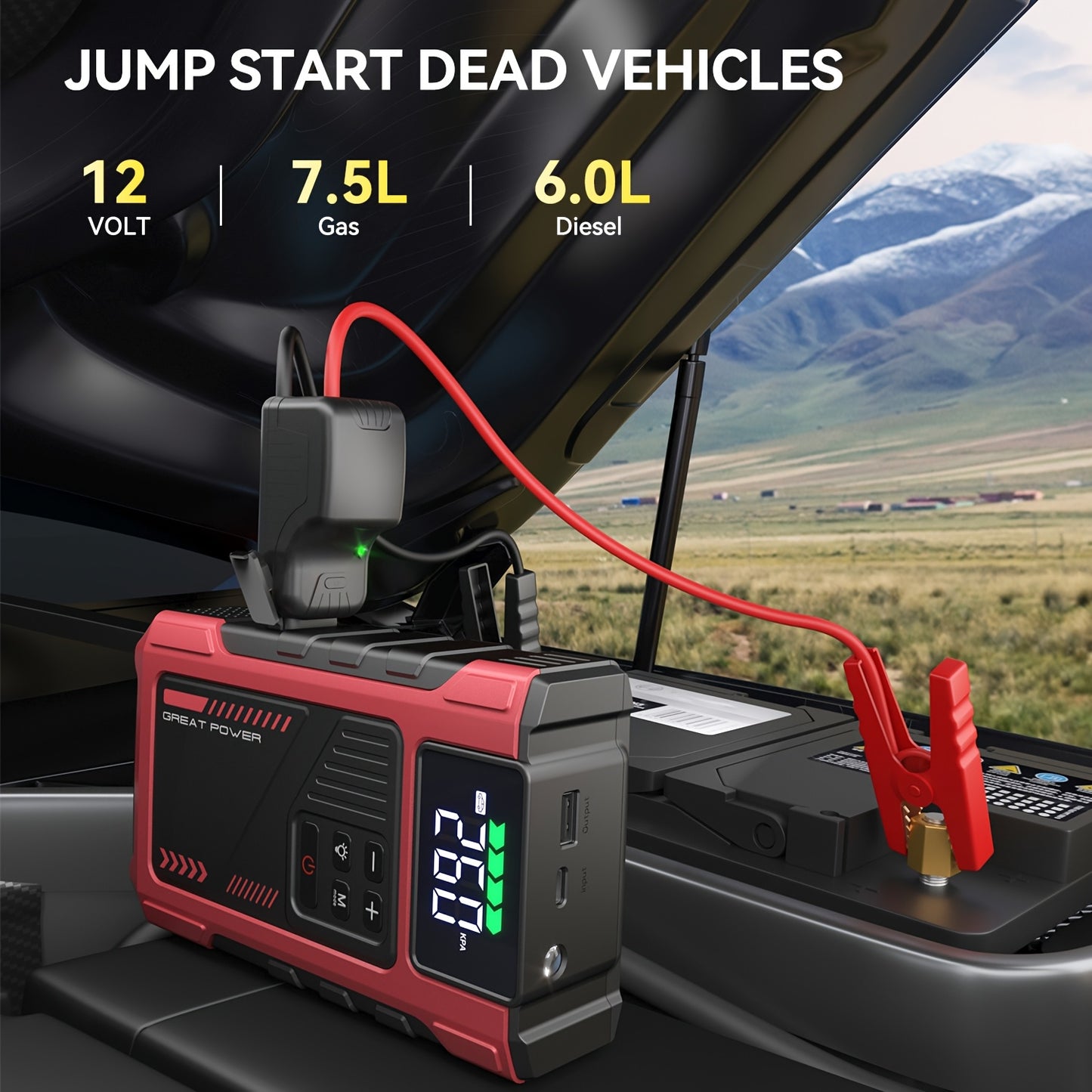 Portable Car Air Compressor & Jump Starter - 3000A Peak Power, 12V, Fast Charging, Digital Tire Inflator, LED Light, Compact Design for Gas/Diesel Engines (Copy)
