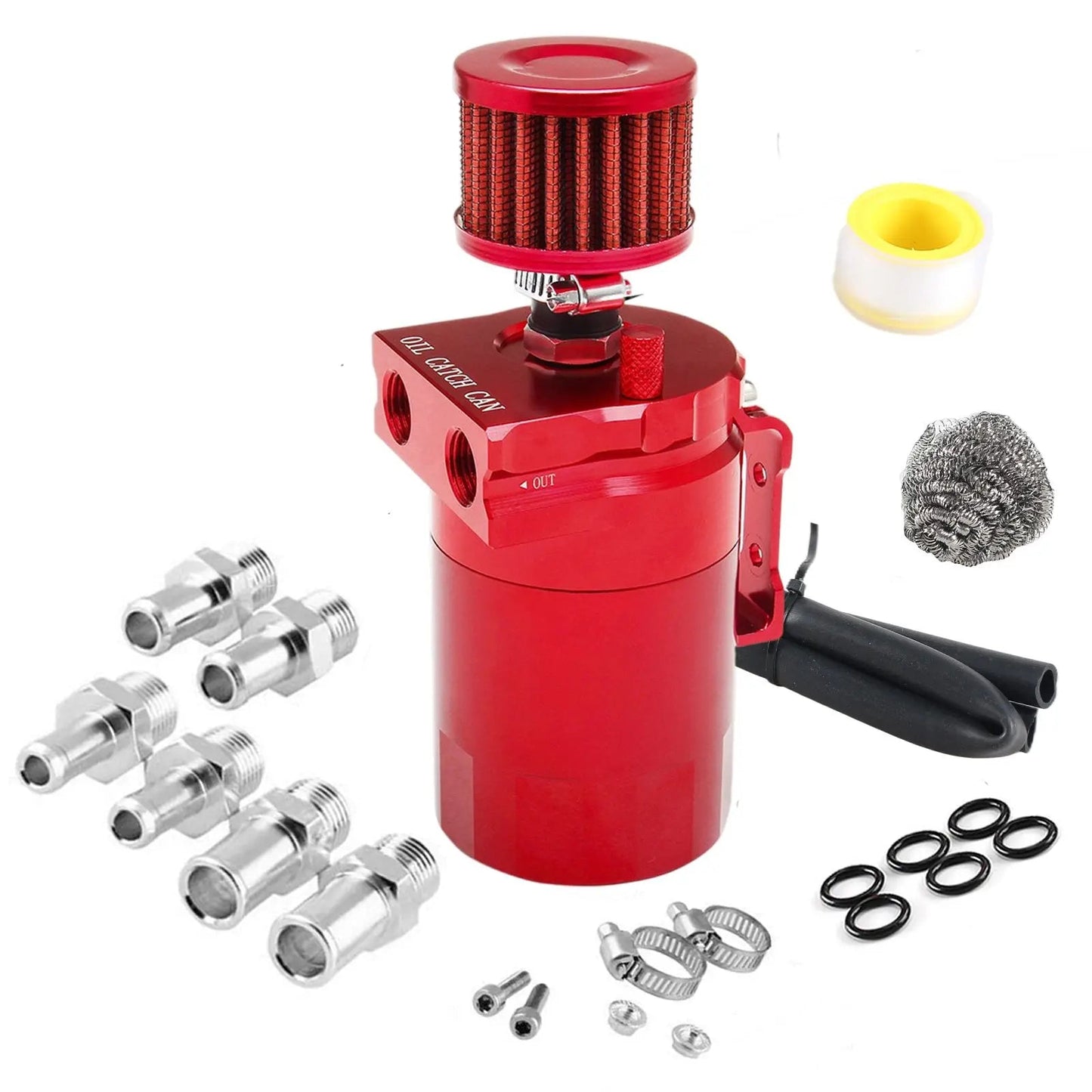 Car Baffled Oil Catch Can Reservoir Tank with Air Filter Breather Baffled Aluminum Fittings Oil Dipstick Hole Breathable Kettle - shift - knoobs