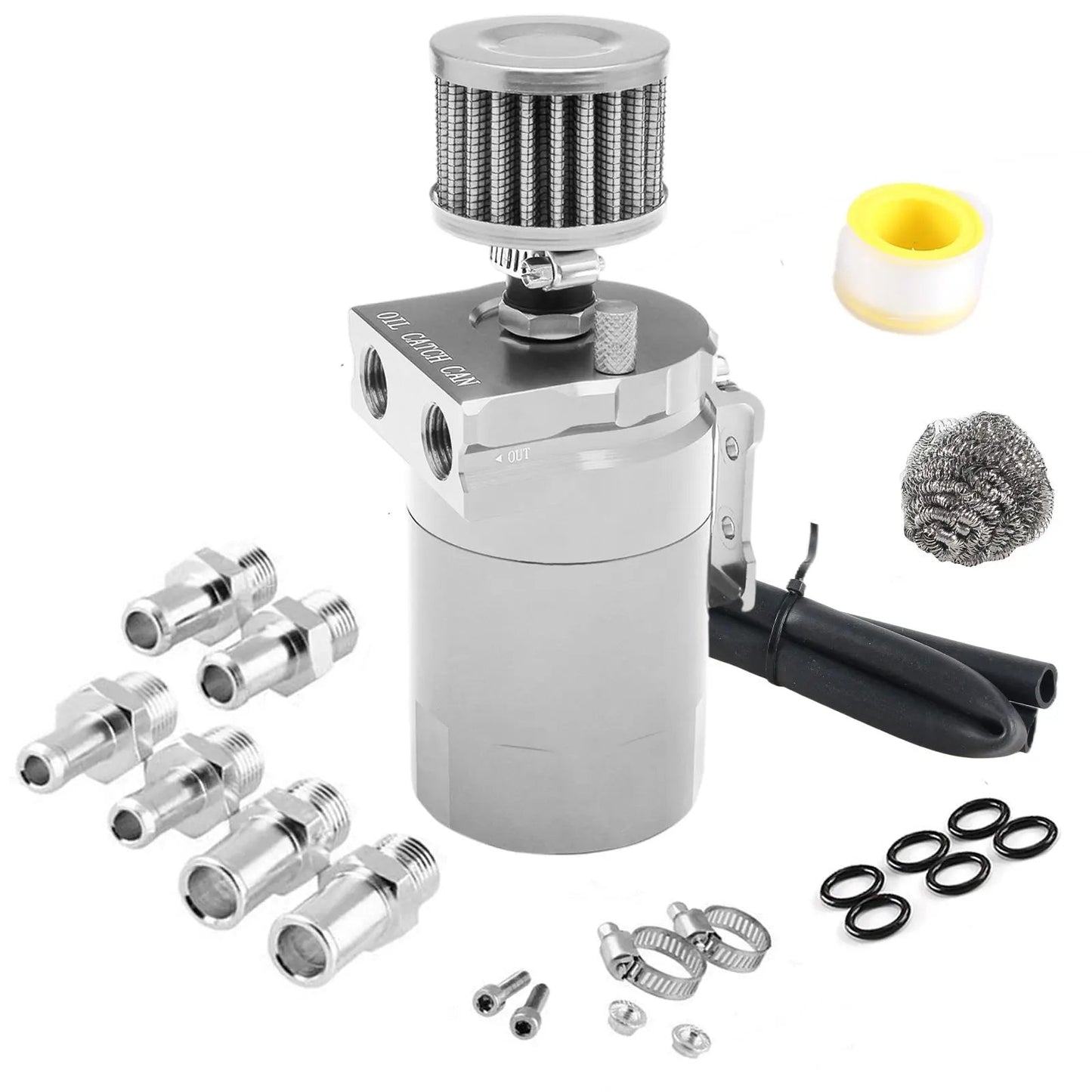 Car Baffled Oil Catch Can Reservoir Tank with Air Filter Breather Baffled Aluminum Fittings Oil Dipstick Hole Breathable Kettle - shift - knoobs