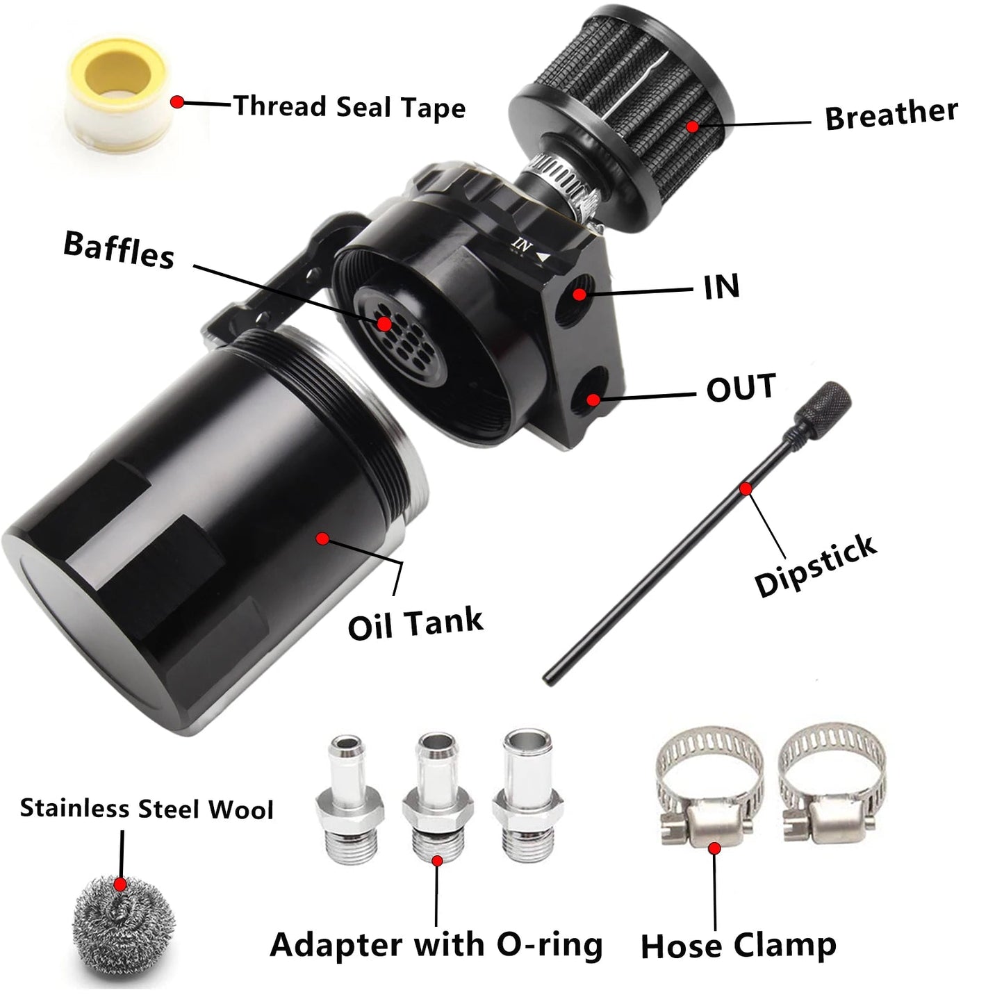 Car Baffled Oil Catch Can Reservoir Tank with Air Filter Breather Baffled Aluminum Fittings Oil Dipstick Hole Breathable Kettle - shift - knoobs