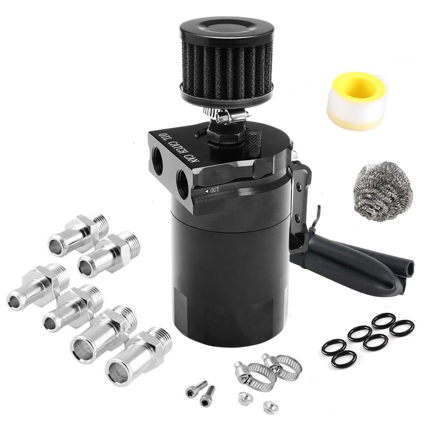 Car Baffled Oil Catch Can Reservoir Tank with Air Filter Breather Baffled Aluminum Fittings Oil Dipstick Hole Breathable Kettle - shift - knoobs