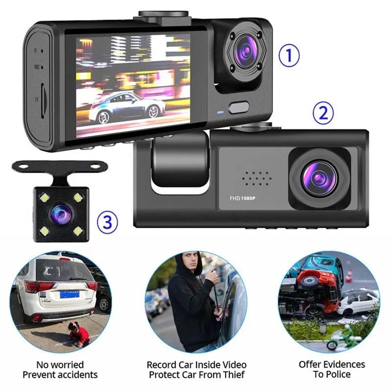 Dash Cam W/ IR Night Vision Loop Recording & 2" IPS Screen 1080P 3 Camera , DVR recorder, video recorder, Vehicle DVR - shift - knoobs