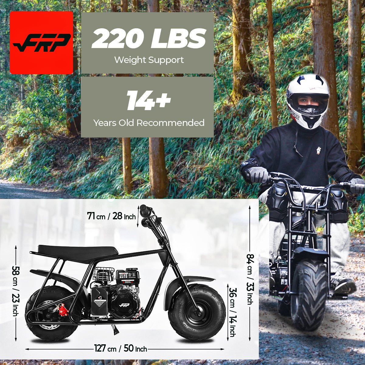 FRP GMB100 Mini Bike, 99CC 4 - Stroke Mini Bikes for Adults, Gas Powered Mini Dirt Bike, Off - Road Motorcycle W/Neck Gaiter, Weight Support Up to 220 LBS 20mph - shift - knoobs