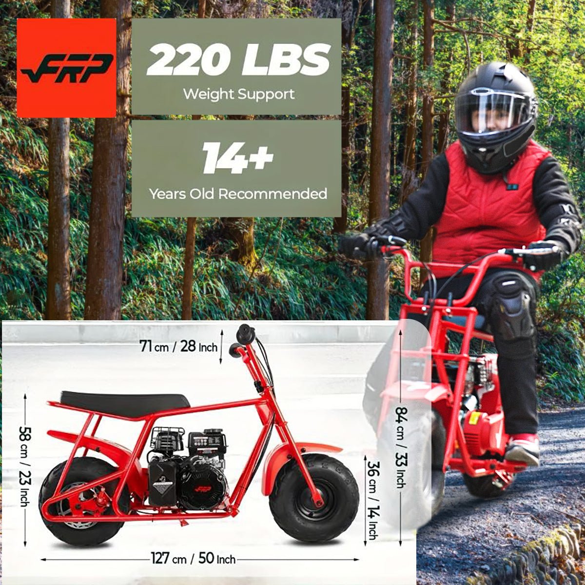 FRP GMB100 Mini Bike, 99CC 4 - Stroke Mini Bikes for Adults, Gas Powered Mini Dirt Bike, Off - Road Motorcycle W/Neck Gaiter, Weight Support Up to 220 LBS 20mph - shift - knoobs
