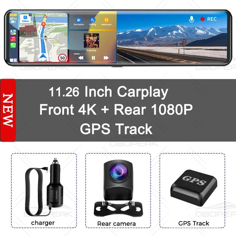 K4 11.26 Inch Carplay & Android Auto 4K 2160P Wifi Dash Cam Rearview Mirror Car DVR GPS Navigation Video Recorder Dual Lens - shift - knoobs