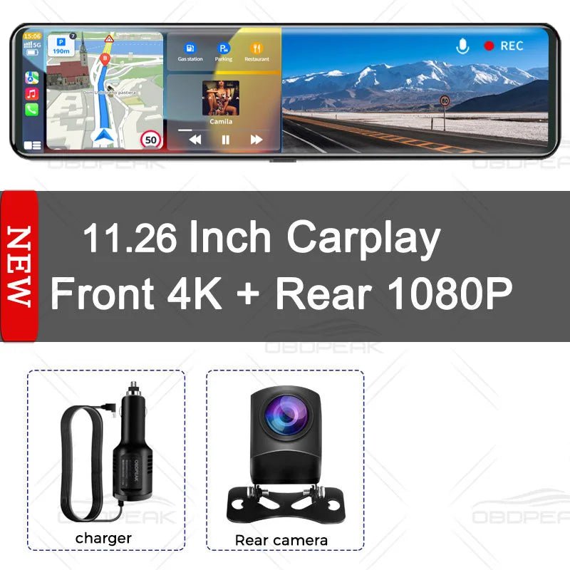 K4 11.26 Inch Carplay & Android Auto 4K 2160P Wifi Dash Cam Rearview Mirror Car DVR GPS Navigation Video Recorder Dual Lens - shift - knoobs