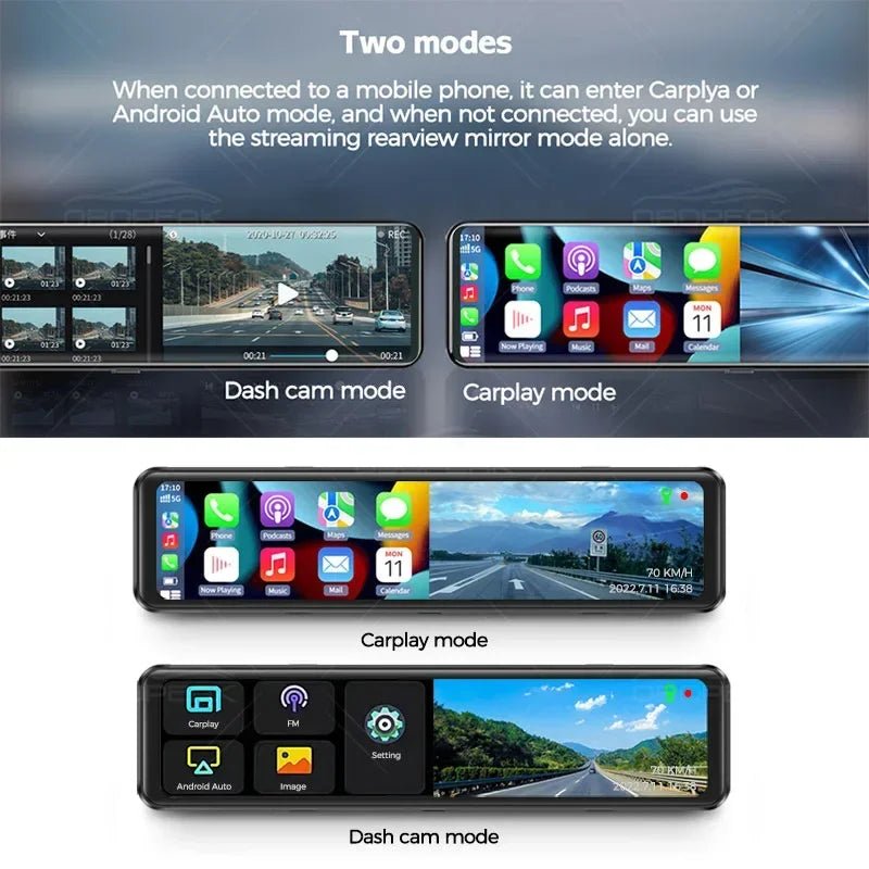 K4 11.26 Inch Carplay & Android Auto 4K 2160P Wifi Dash Cam Rearview Mirror Car DVR GPS Navigation Video Recorder Dual Lens - shift - knoobs