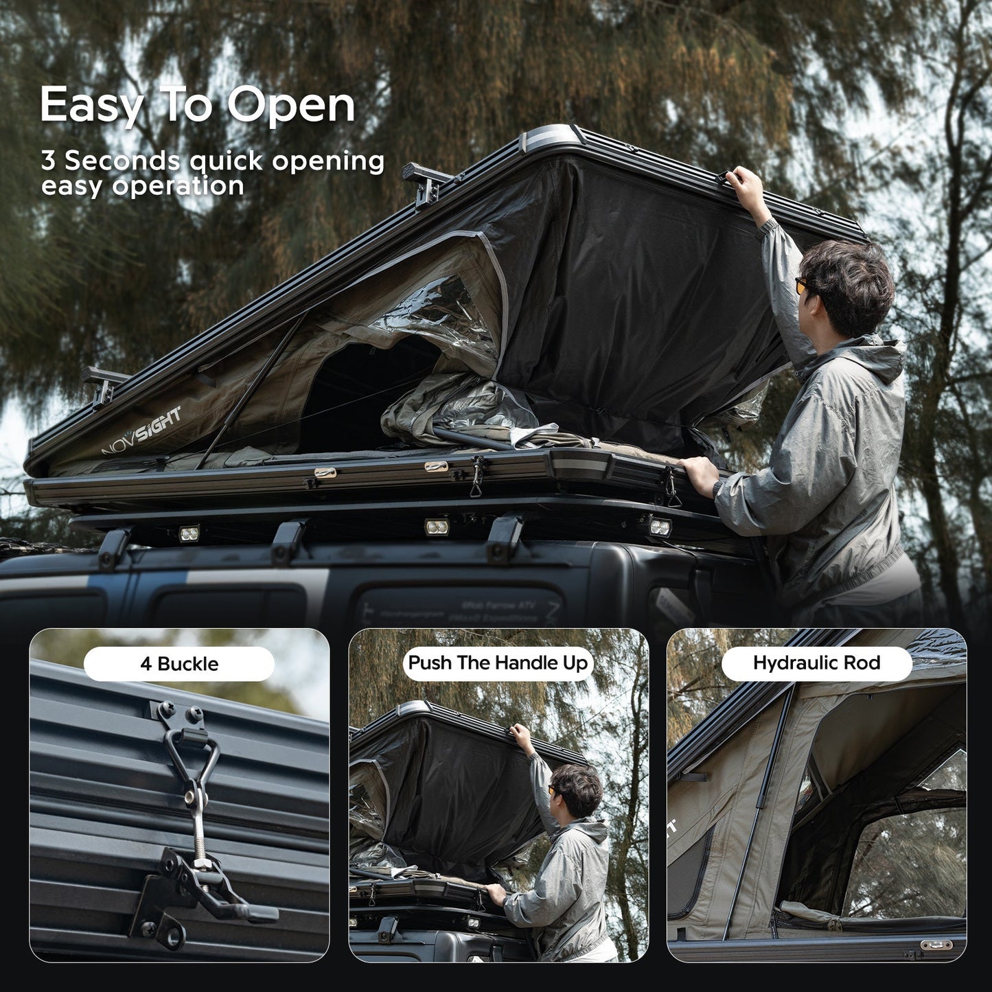 NOVSIGHT Black Roof Top Hard Shell Rooftop Tent 2 - 3 People Car Camping All Season with Luggage Rack Waterproof Rooftop Tent for for Jeep SUV Truck Overland Car Roof Tent For Camping with Ladder - shift - knoobs