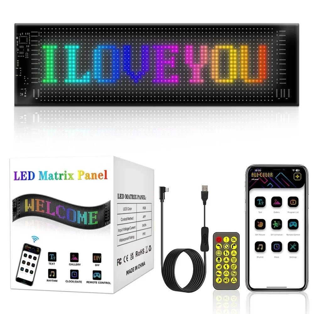 Car LED Matrix Pixel Panel DIY RGB LIghting Graffiti Scrolling Text Board Windshield Advertising Screen Bluetooth APP Control - shift - knoobs