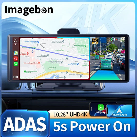Imagebon 10.26" 4K ADAS Wireless CarPlay & Android Auto Dash Cam Night Vision 24h Park Monitoring Loop Recording GPS FM Car DVR - shift - knoobs