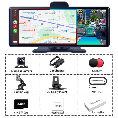 Imagebon 10.26" 4K ADAS Wireless CarPlay & Android Auto Dash Cam Night Vision 24h Park Monitoring Loop Recording GPS FM Car DVR - shift - knoobs